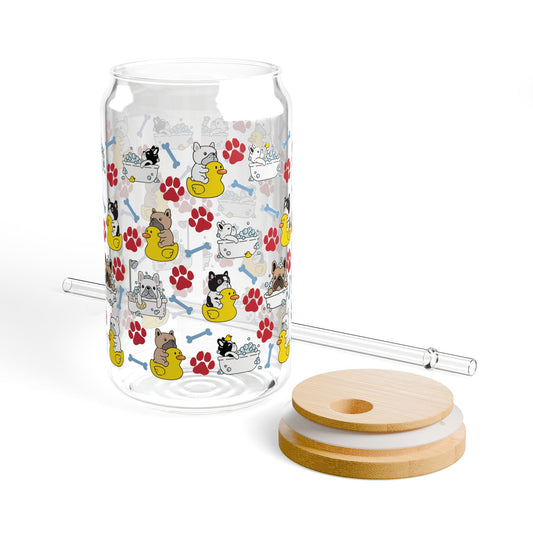 Bath Time French Bulldog 16oz Sipper Glass with Straw