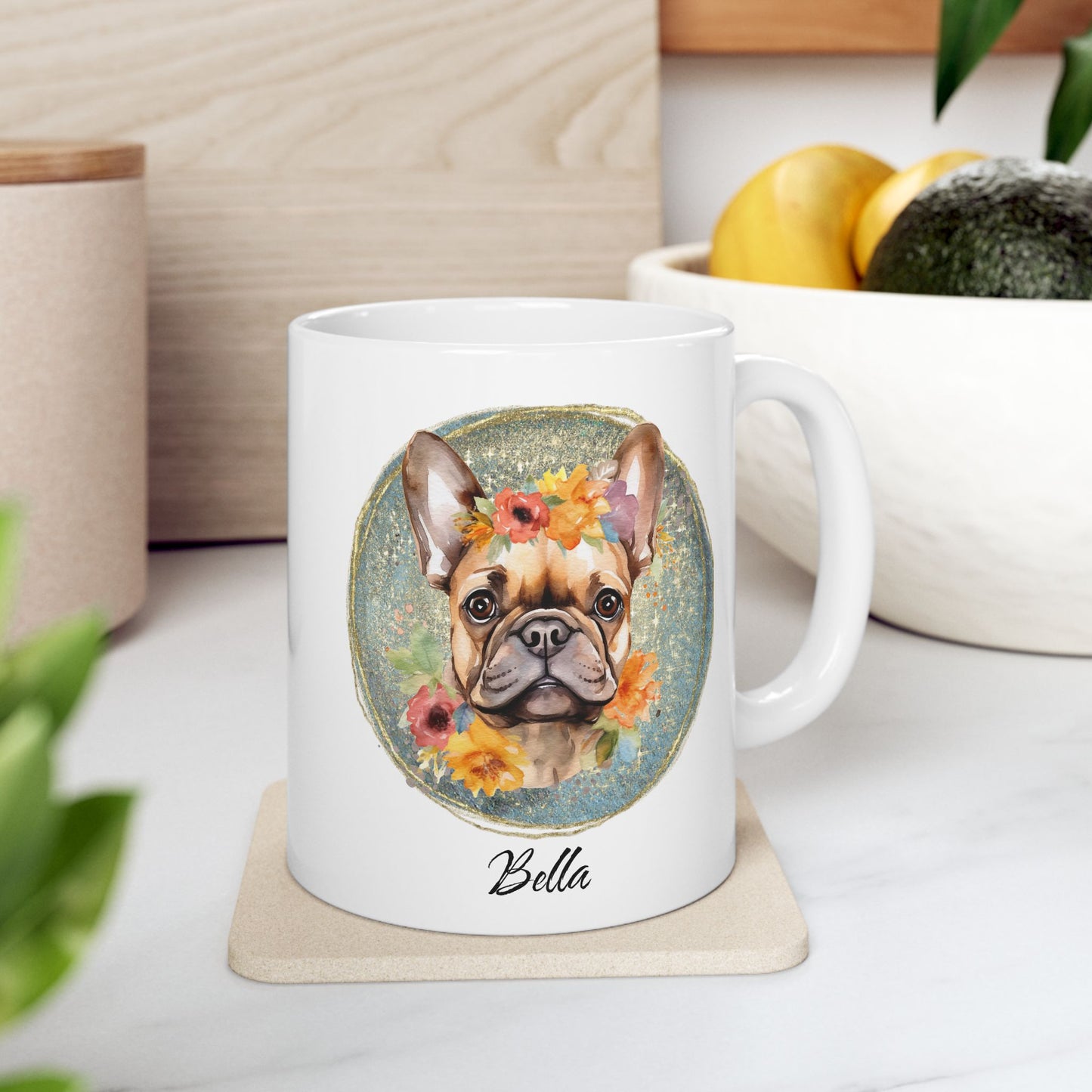 Flower French Bulldog Mug - Blue Customizable