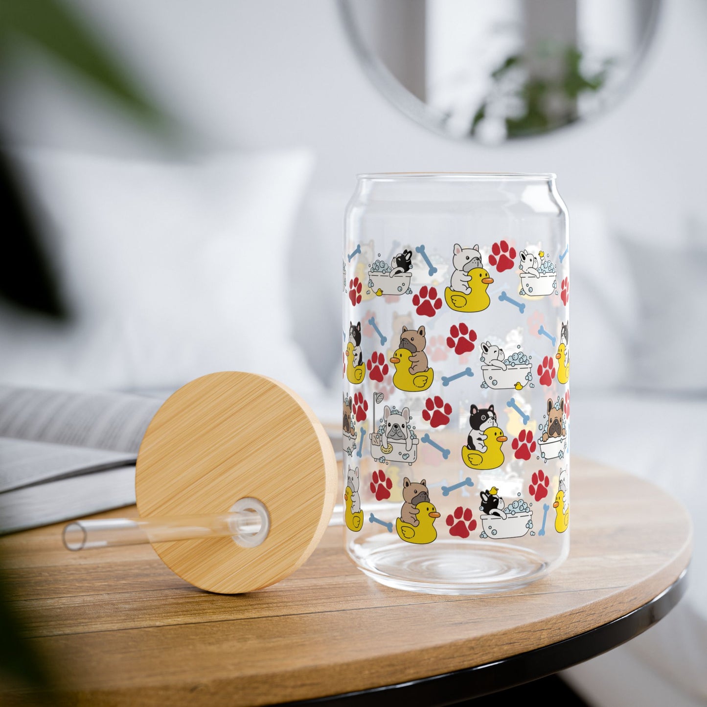 Bath Time French Bulldog 16oz Sipper Glass with Straw