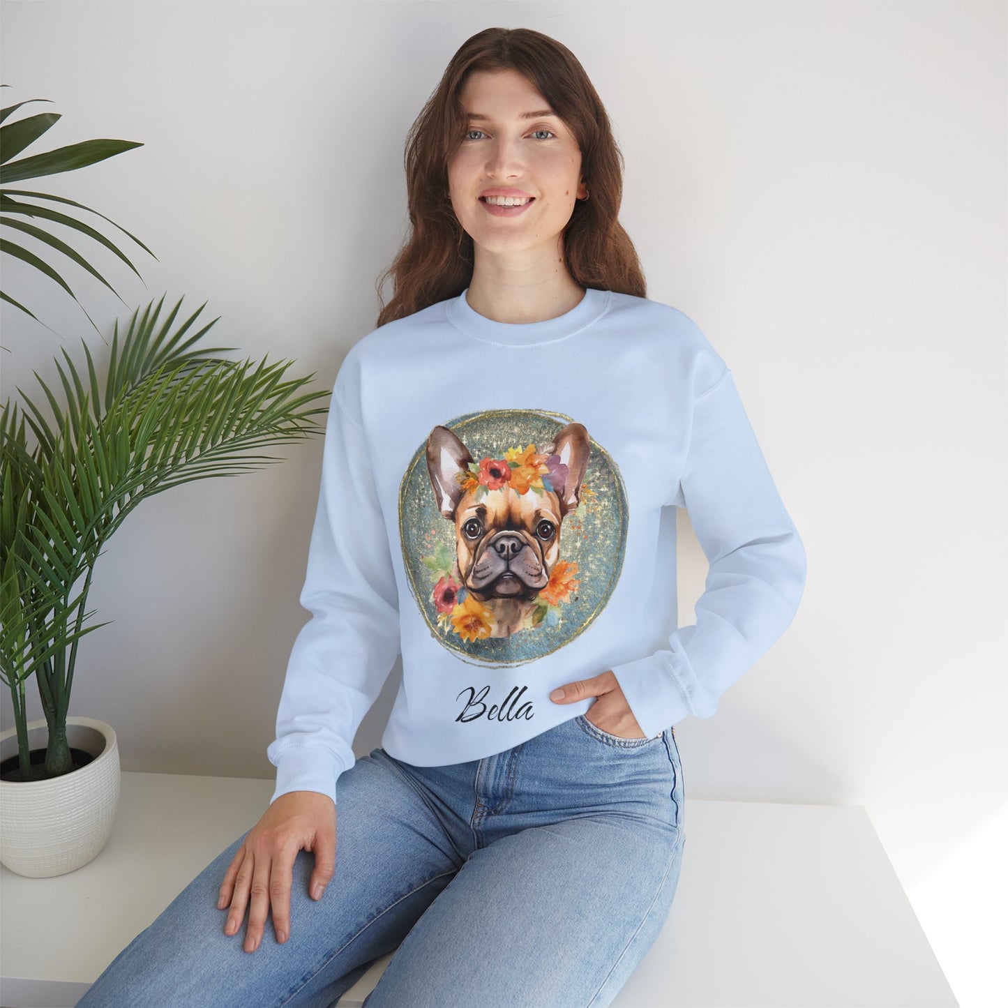 Flower French Bulldog Sweatshirt - Blue Customizable