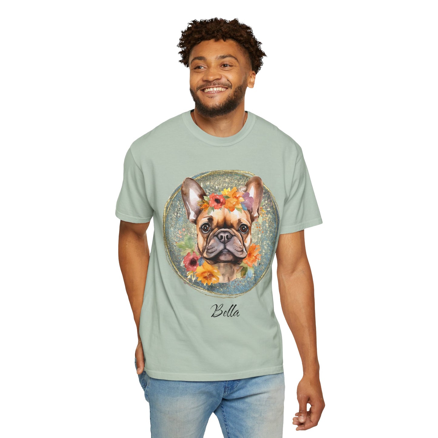 Flower French Bulldog Tee - Blue Customizable
