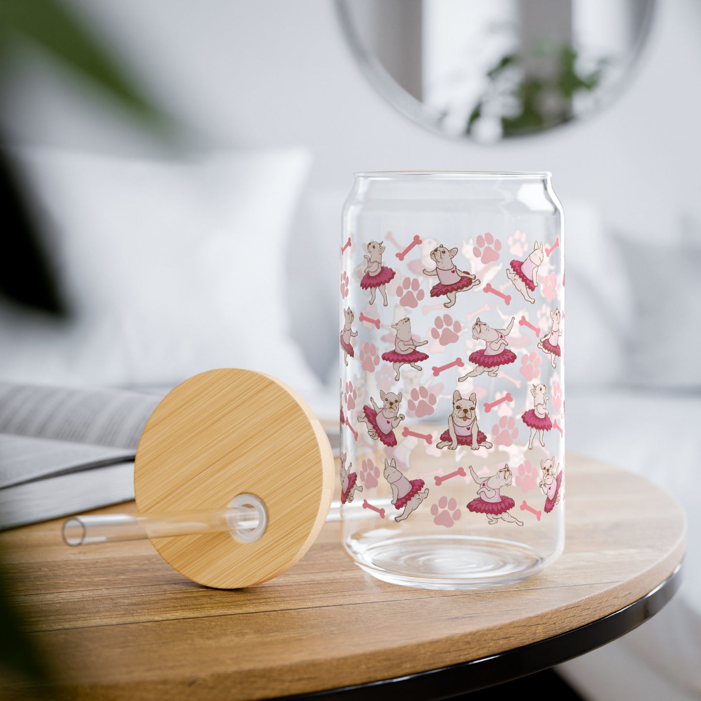Ballet French Bulldog 16oz Sipper Glass with Straw