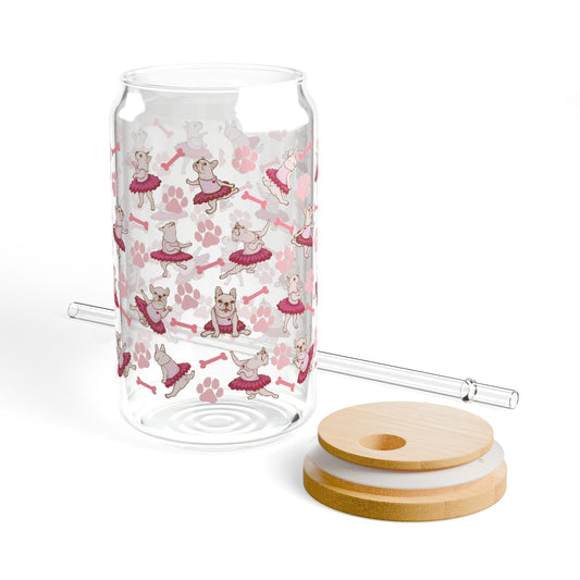 Ballet French Bulldog 16oz Sipper Glass with Straw