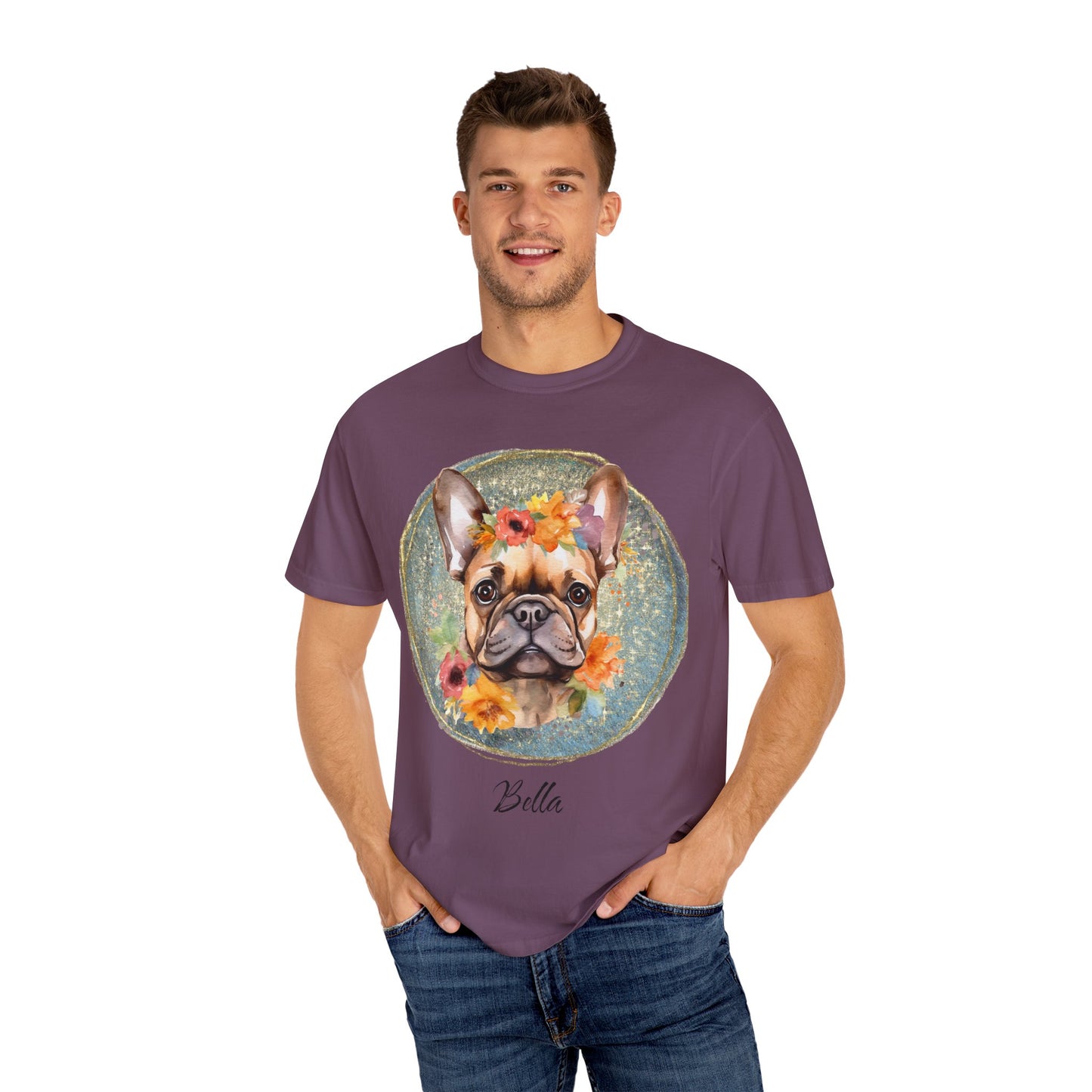 Flower French Bulldog Tee - Blue Customizable