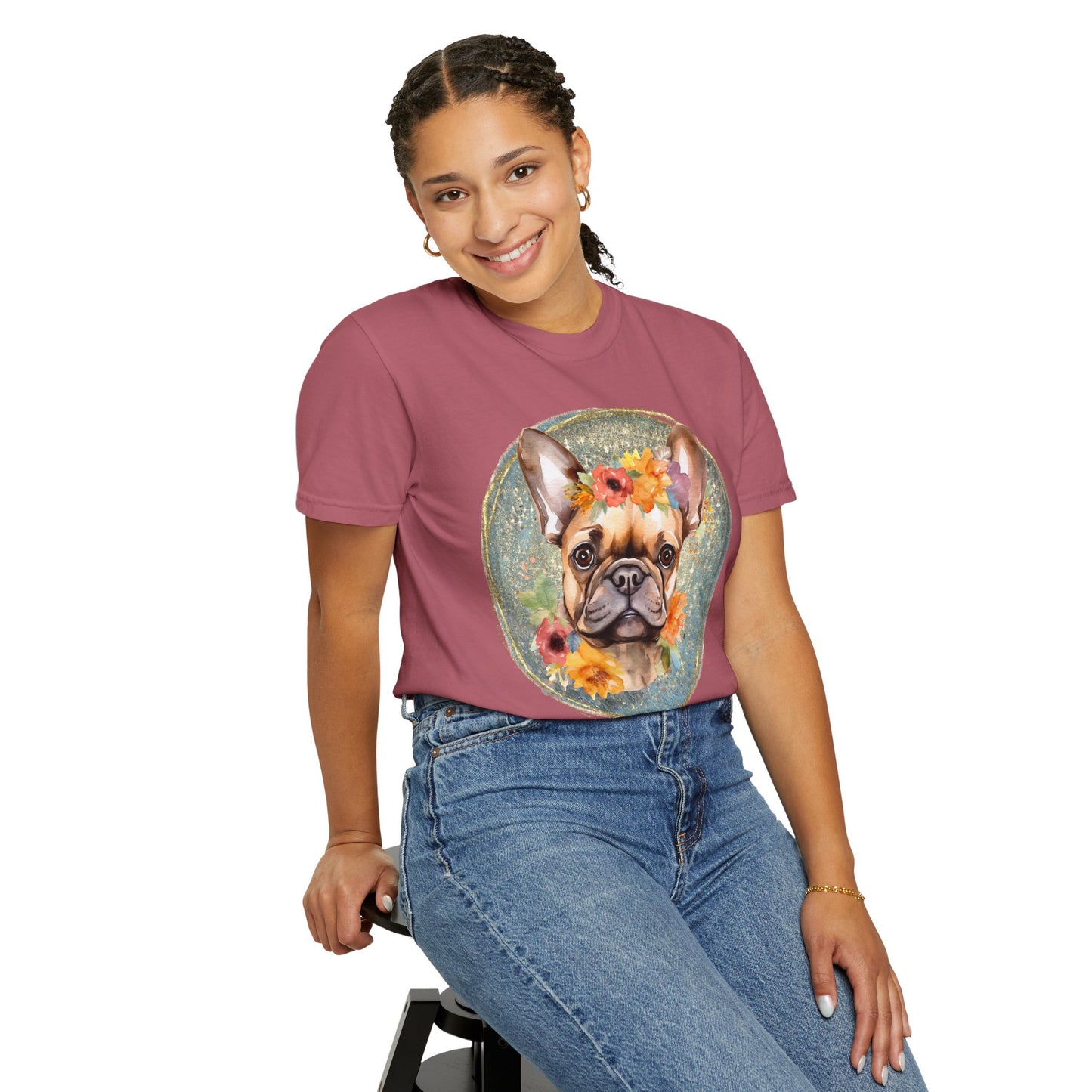 Flower French Bulldog Tee - Blue Customizable