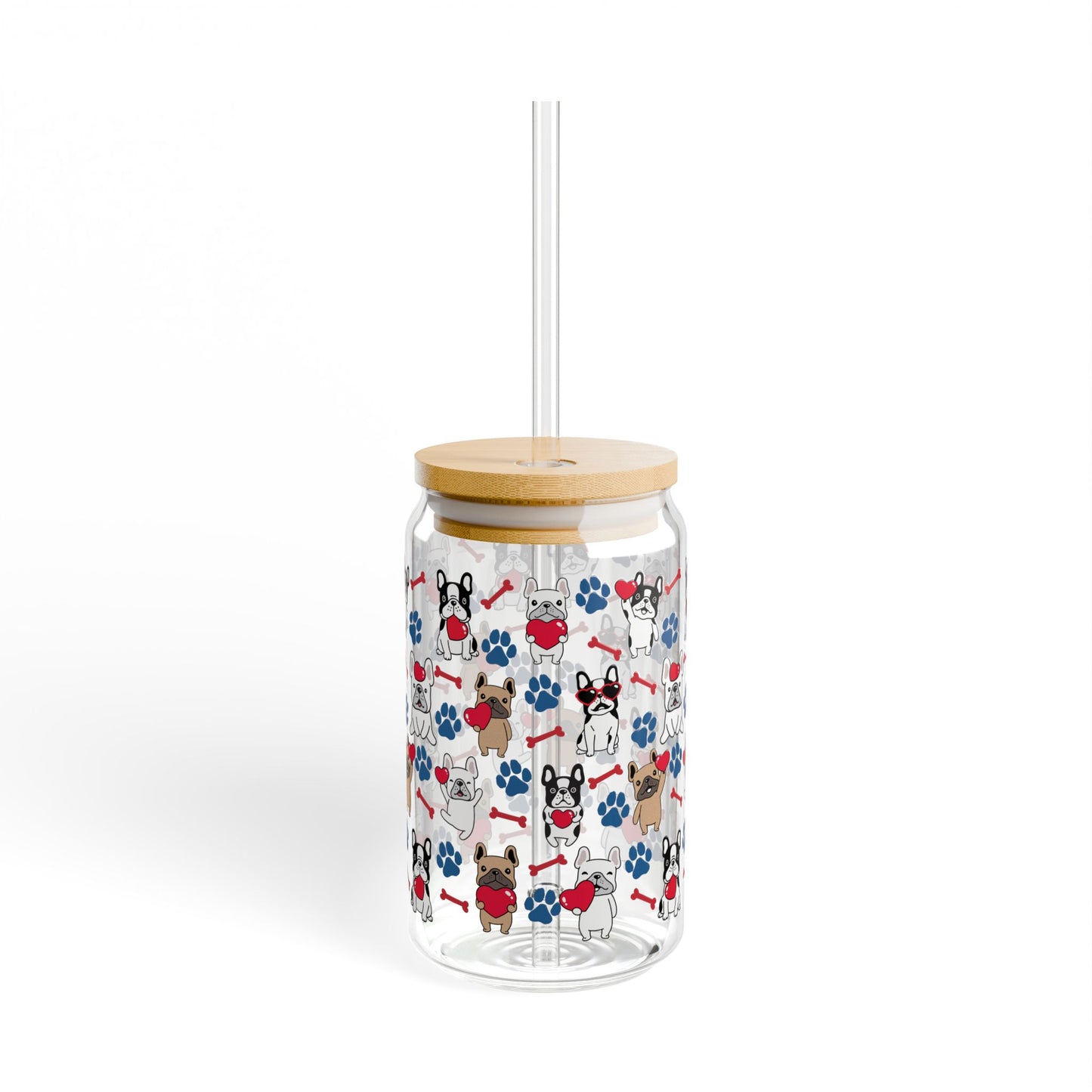 Heart French Bulldog 16oz Sipper Glass with Straw