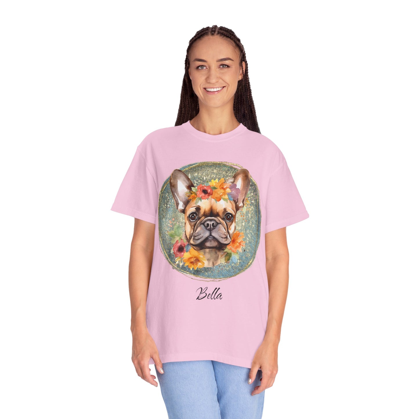 Flower French Bulldog Tee - Blue Customizable
