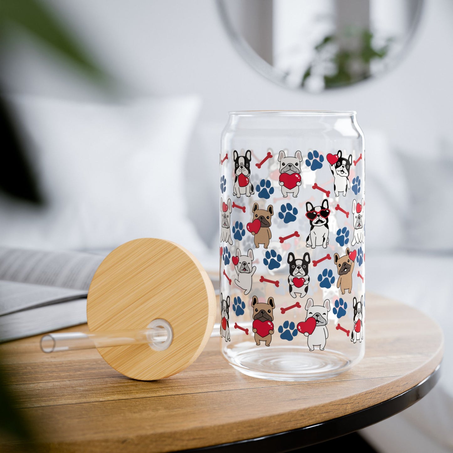 Heart French Bulldog 16oz Sipper Glass with Straw