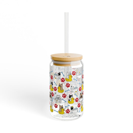 Bath Time French Bulldog 16oz Sipper Glass with Straw