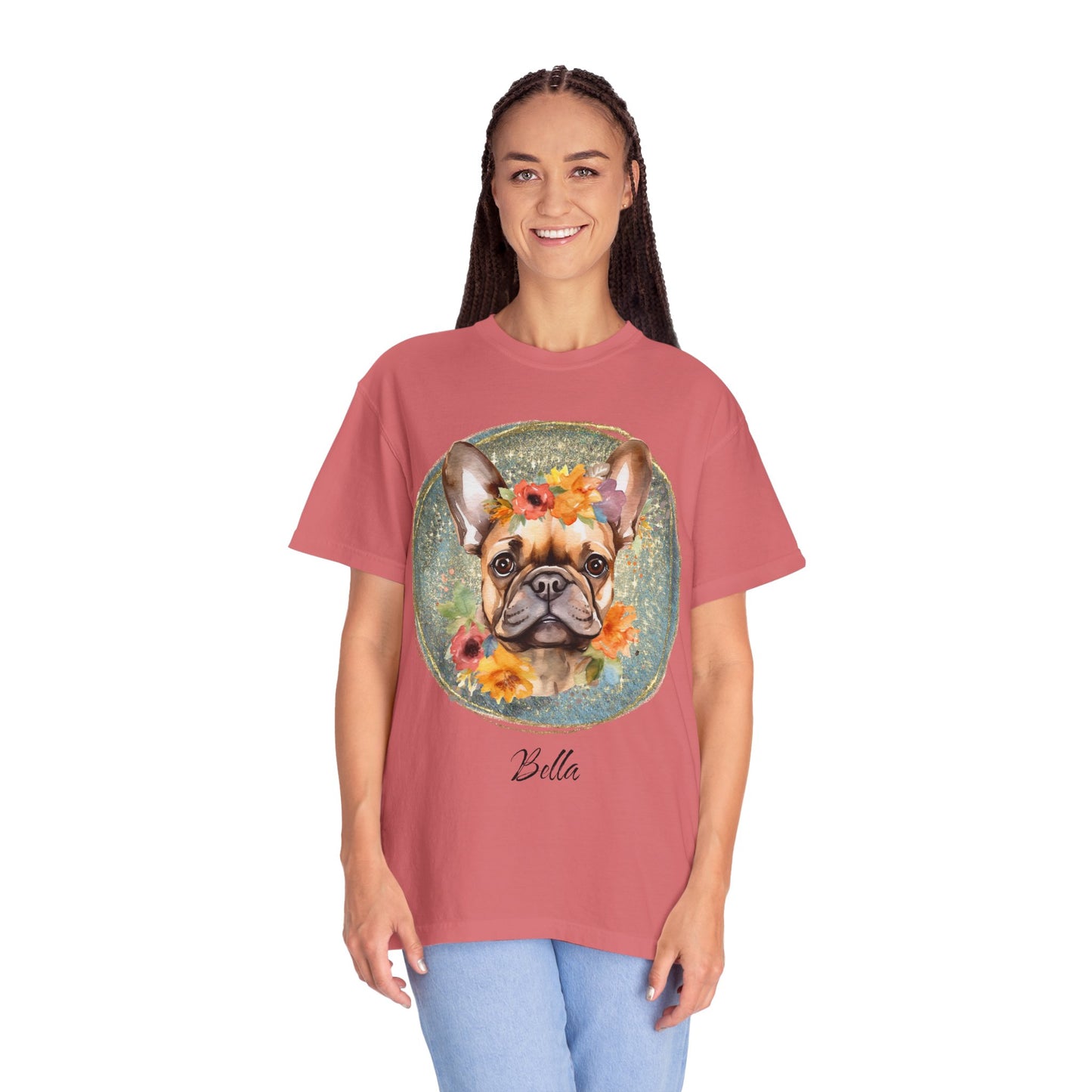 Flower French Bulldog Tee - Blue Customizable