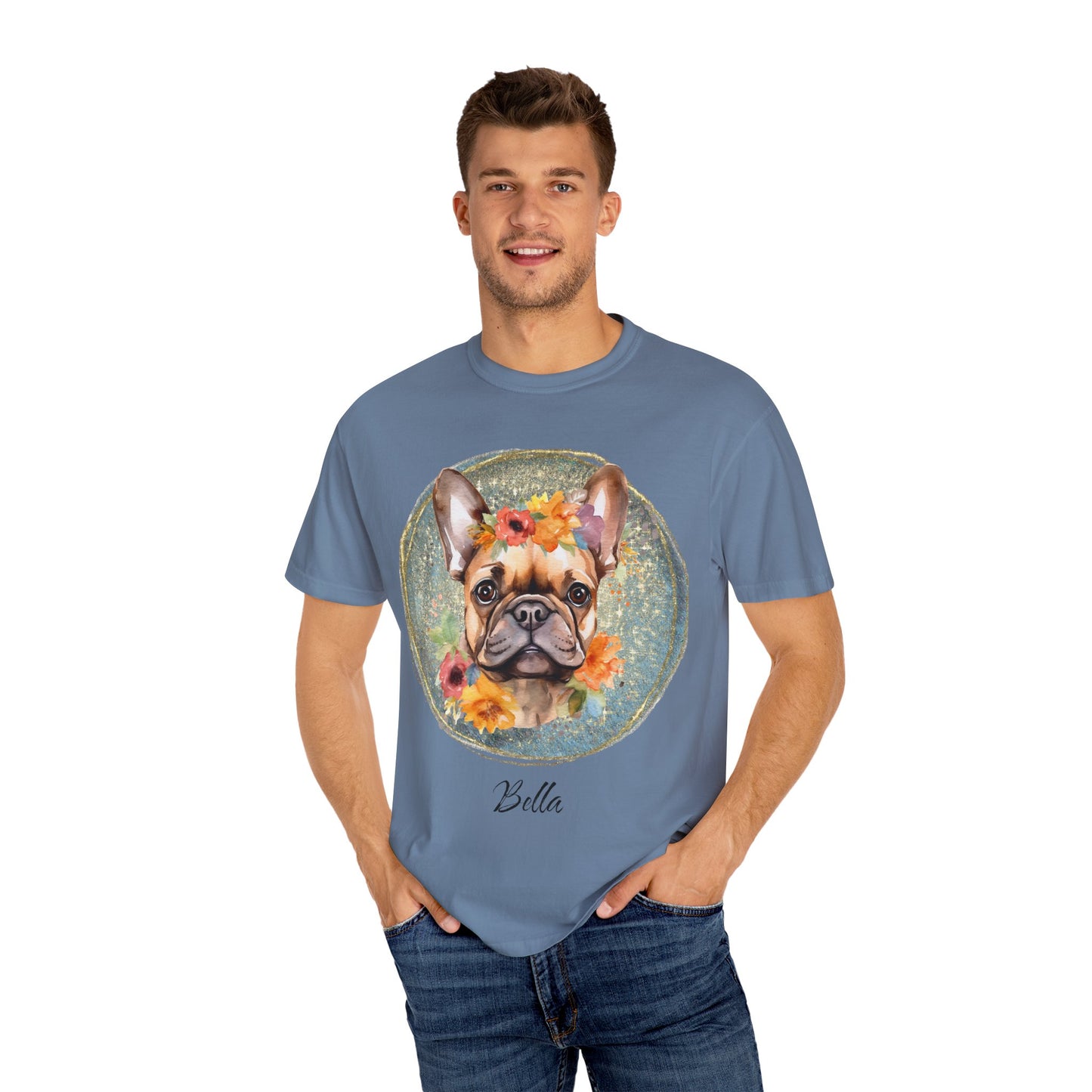 Flower French Bulldog Tee - Blue Customizable