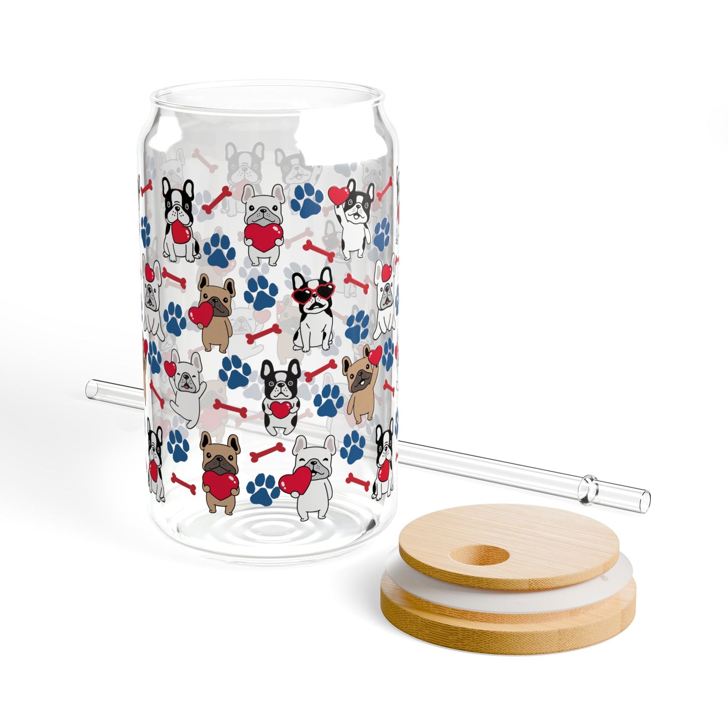 Heart French Bulldog 16oz Sipper Glass with Straw