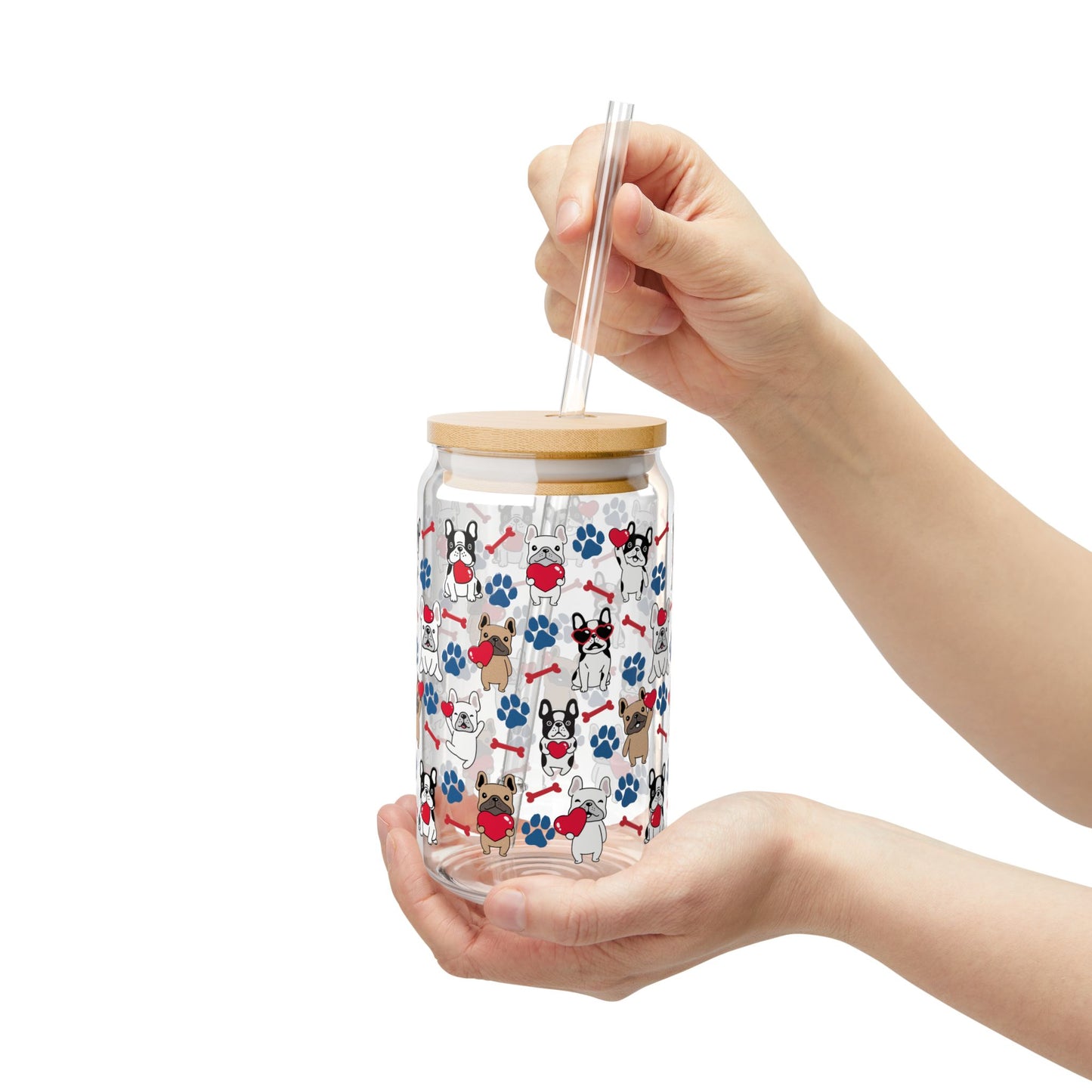 Heart French Bulldog 16oz Sipper Glass with Straw